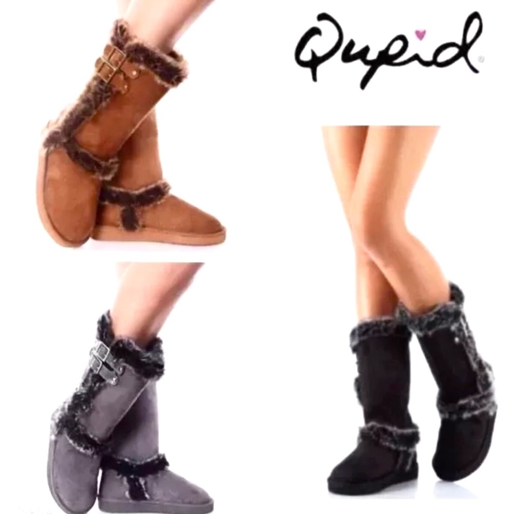 Qupid Women’s mid calf vegan fur boots in black